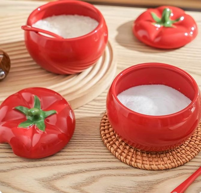 Sugar Bowl Tomato Ceramic Spice Jar Storage Jar with Spoon - Image 2